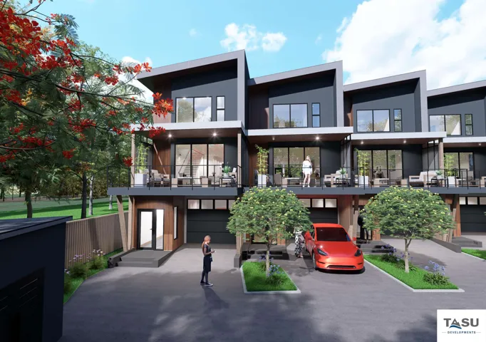 Contemporary townhouse exteriors featuring dark siding, large windows, and sloped rooflines