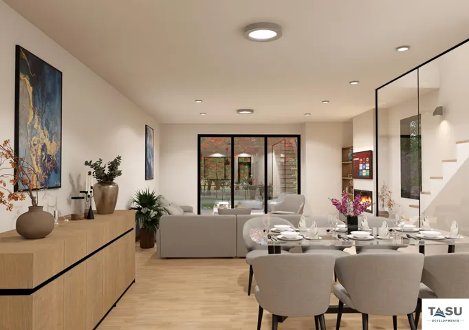 Open-concept living and dining area featuring wood-finish flooring, recessed lighting, a built-in fireplace, and expansive sliding glass doors