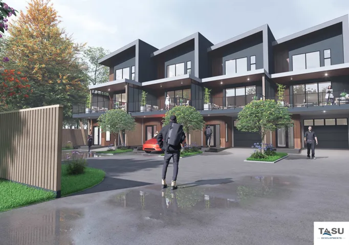 Modern townhome residences featuring dark gray and wood-finish exteriors