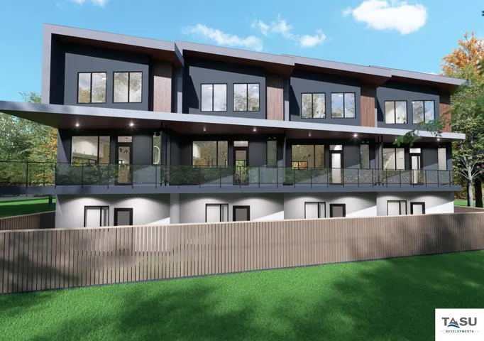 Contemporary multi-level exterior with dark-toned siding and wood-finish accents