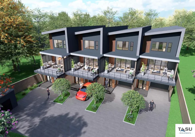 Contemporary townhome exteriors featuring dark gray siding and wood-finish accents