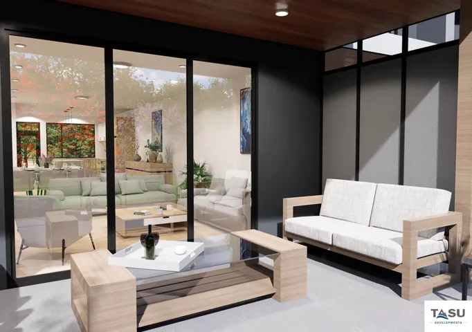 Covered outdoor patio featuring recessed lighting and a wood-finish ceiling