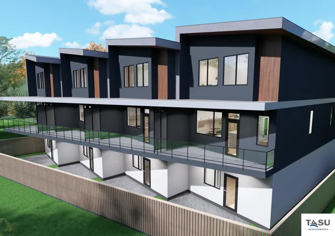 Contemporary multi-level residences featuring dark exterior siding with wood-finish accents