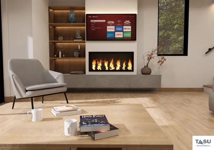 Recessed electric fireplace with a floating hearth, integrated television display, and built-in shelving with accent lighting