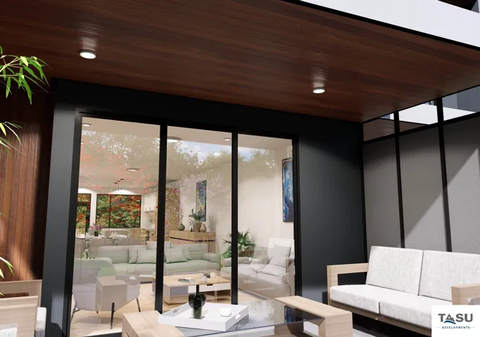 Covered patio featuring a wood-finish ceiling with recessed lighting, large glass sliding doors, and dark frame accents