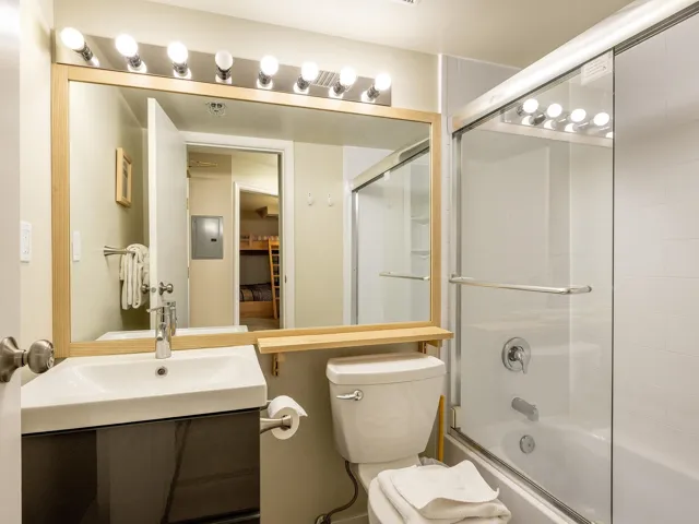 Bathroom with combined bath / shower with glass door, vanity, and electric panel