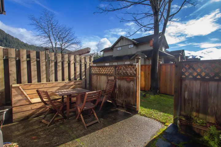 View of patio with outdoor dining space and a fenced backyard