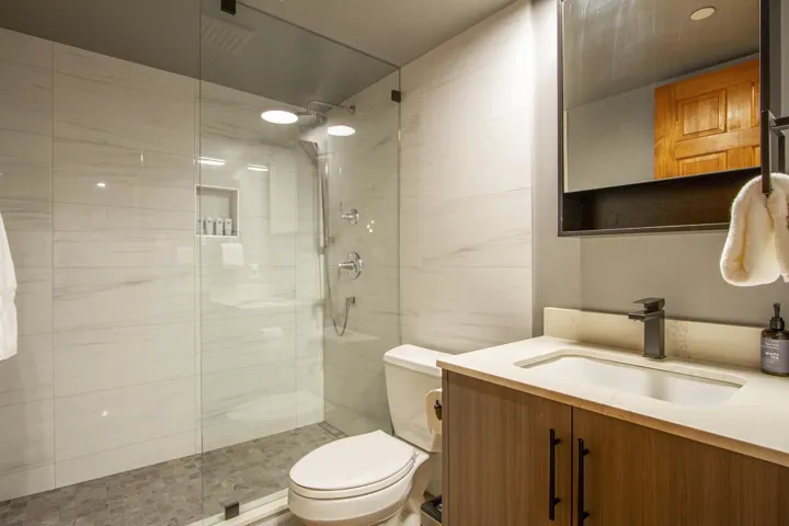 Full bath featuring toilet, tiled shower, and vanity