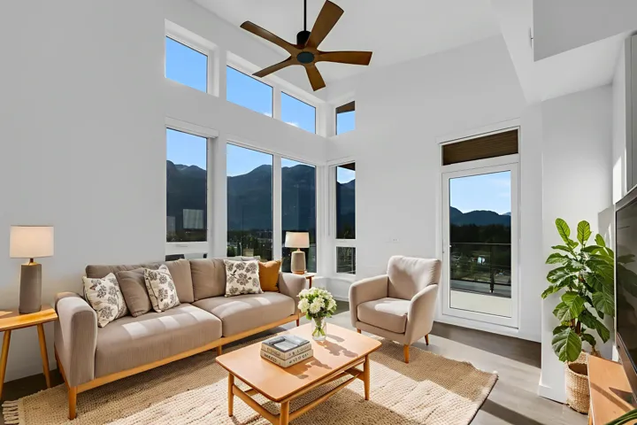 Living room with ceiling fan, wood finished floors, and a high ceiling