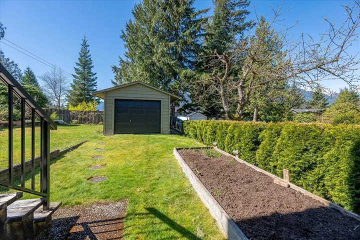 Fenced backyard featuring a vegetable garden, an outbuilding, and a garage