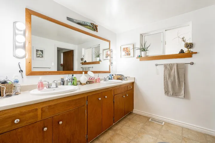 Full bathroom featuring a sink, double vanity, baseboards, and visible vents