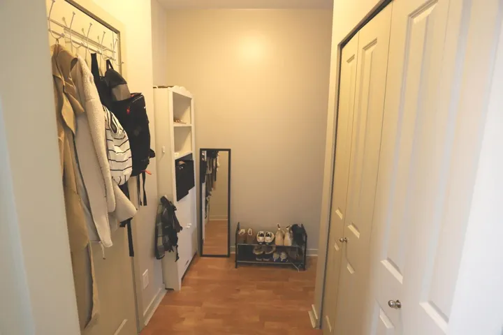 Walk in closet featuring dark wood-style floors