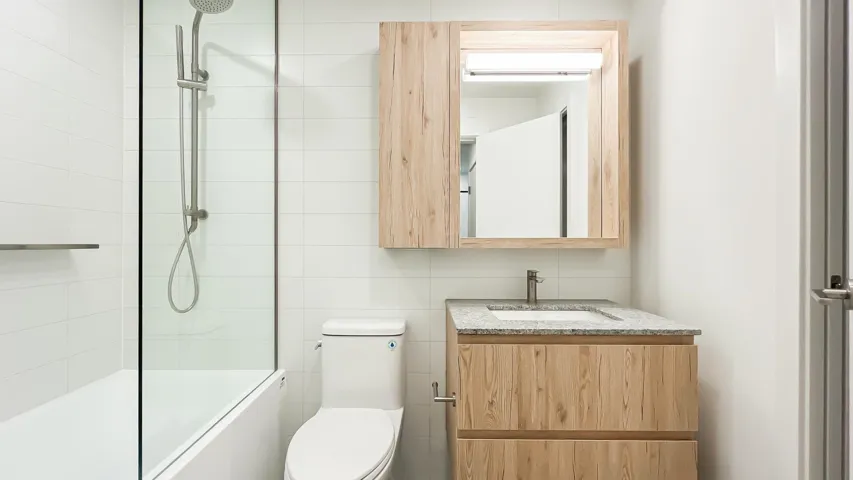 Full bathroom with vanity and washtub / shower combination