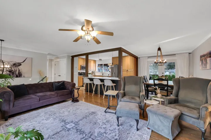 Living area with a chandelier, crown molding, light wood finished floors, and ceiling fan