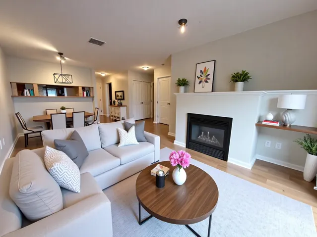 Living area featuring light wood-type flooring and a glass covered fireplace
