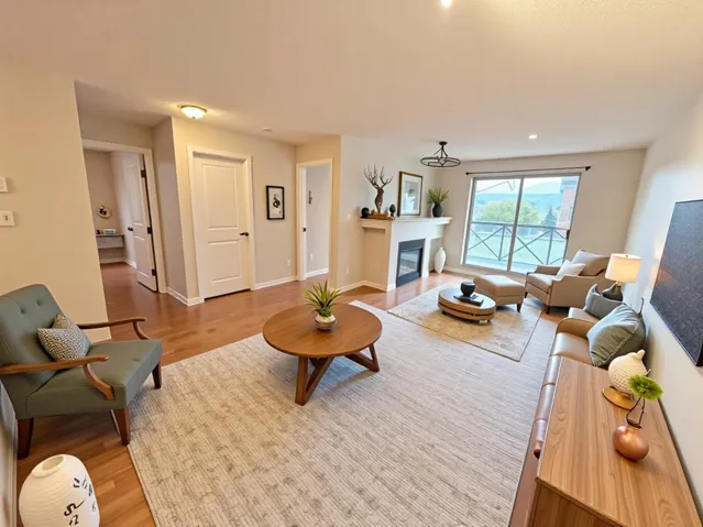 Living area with light wood-type flooring and a glass covered fireplace