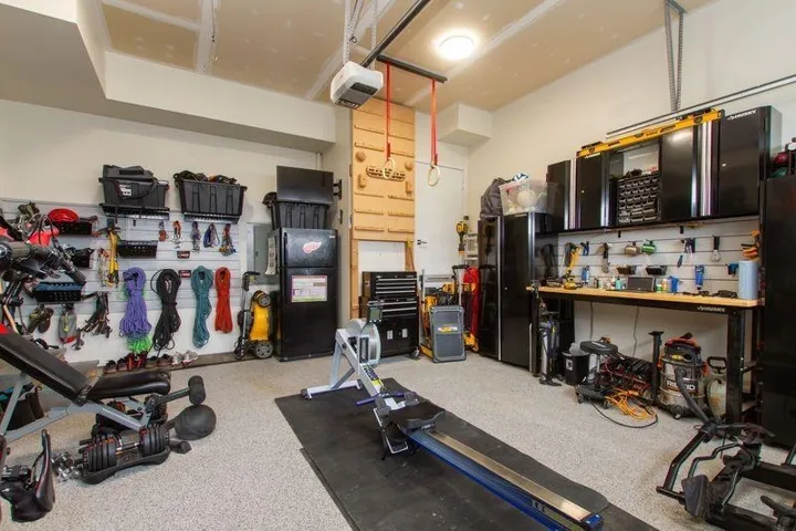 Garage featuring a workshop area