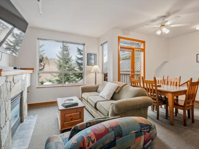 Living area with carpet, baseboards, and a stone fireplace