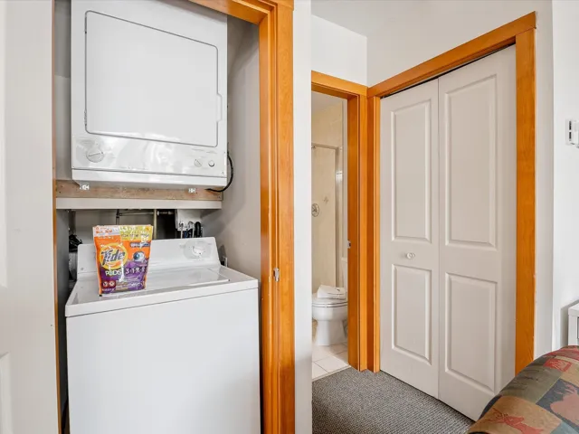 Laundry area featuring carpet floors, laundry area, and stacked washer and clothes dryer