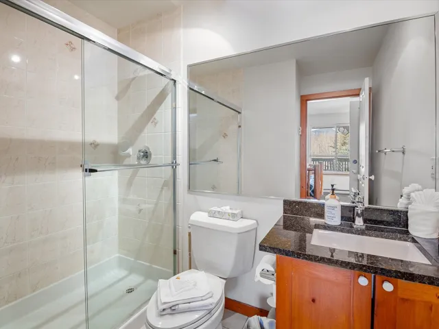 Full bath featuring a stall shower, vanity, and toilet