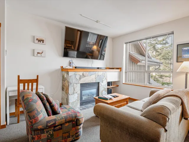 Carpeted living area with baseboards and a stone fireplace