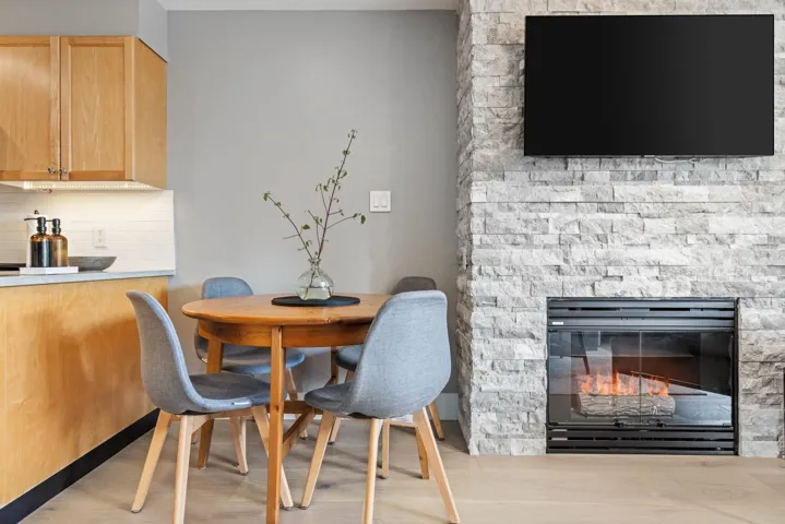 Dining area with a fireplace
