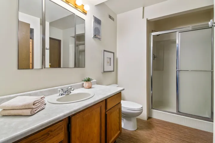 Bathroom featuring toilet, a shower stall, visible vents, and vanity