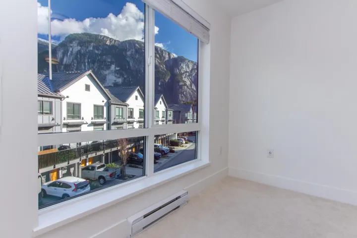 Unfurnished room featuring a mountain view, a baseboard heating unit, and light carpet