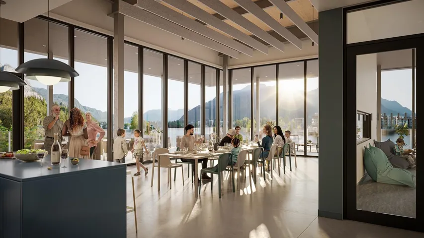 Building lobby with a mountain view and expansive windows