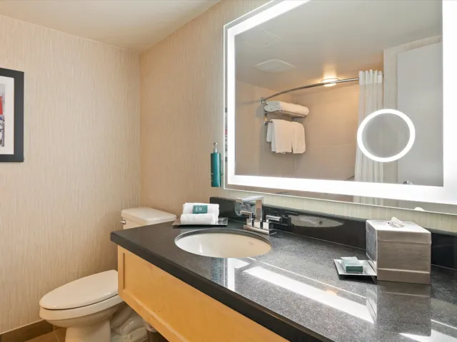Bathroom featuring curtained shower, wallpapered walls, toilet, and vanity