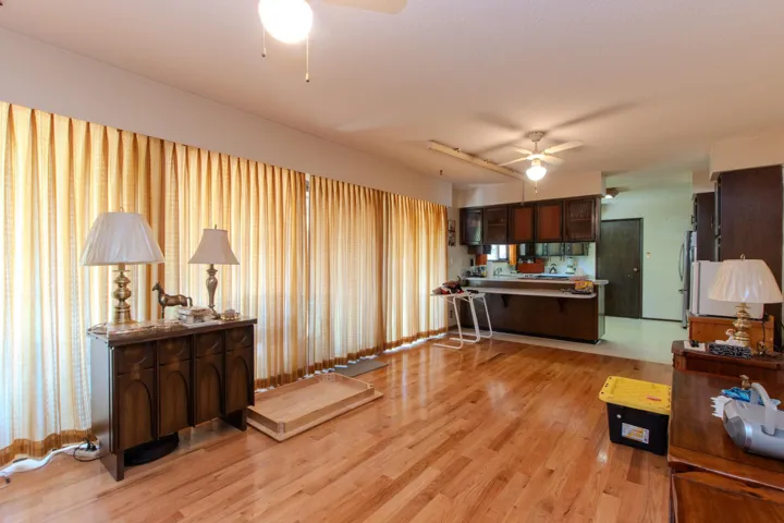 Living room featuring light wood finished floors and ceiling fan