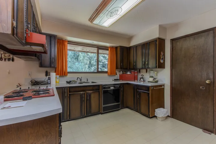 Kitchen featuring black dishwasher, dark brown cabinets, light countertops, and electric cooktop