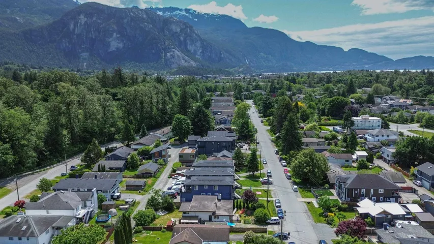 Aerial perspective of suburban area featuring mountains and a forest
