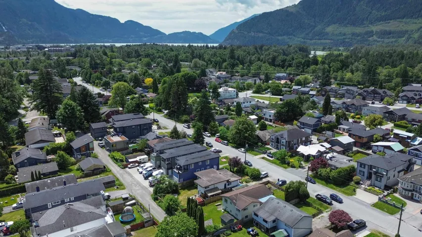 Aerial perspective of suburban area featuring a mountain backdrop and a forest