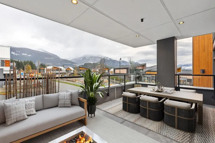 View of patio / terrace featuring a mountain view and an outdoor living space