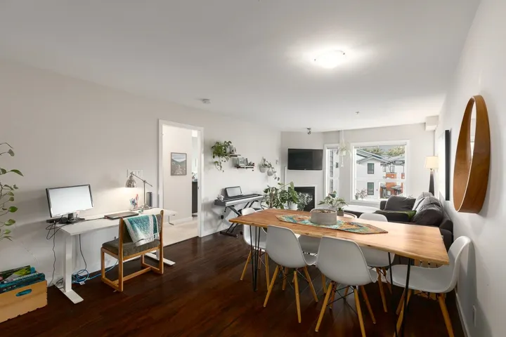 Dining, living and fireplace