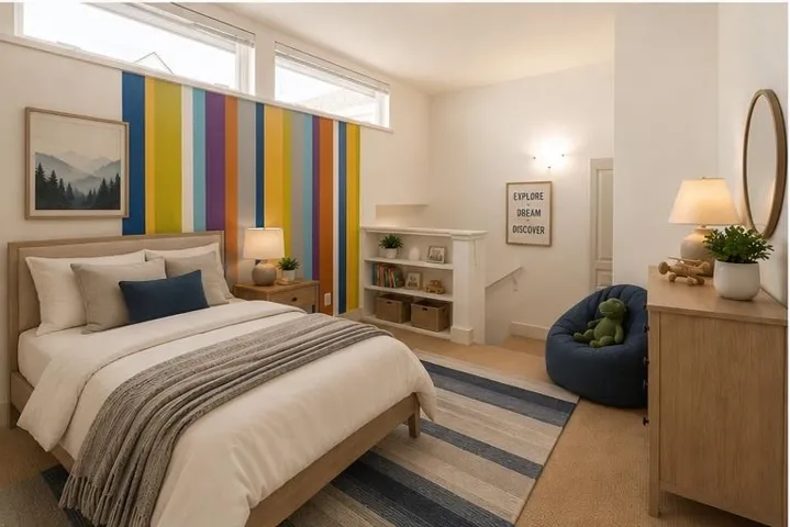 Bright room with upper transom windows, a colorful accent wall, light wood-finish flooring, a built-in bookshelf, and a wall-mounted light fixture