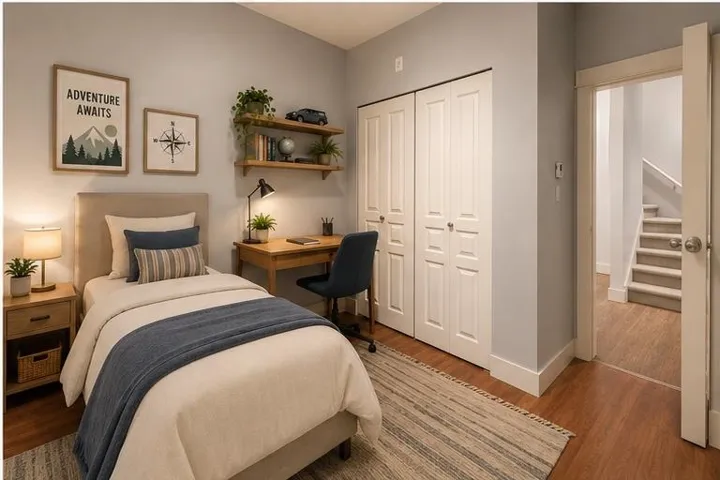 Bedroom featuring wood-finish flooring, light grey walls, and a built-in closet with bi-fold doors