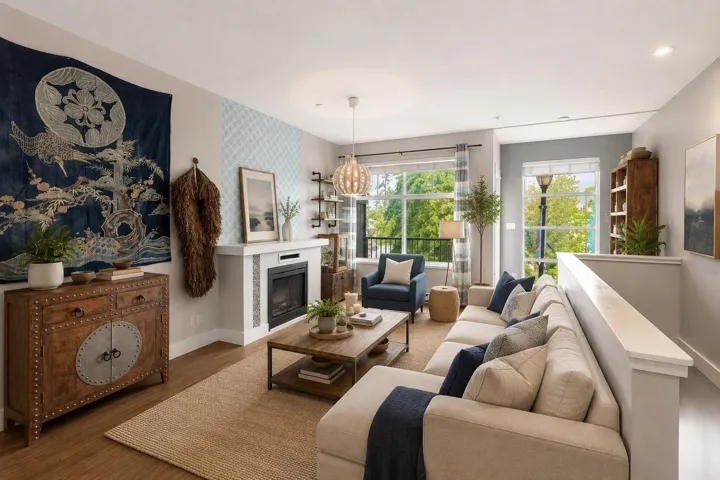 Living room featuring wood-finish flooring, a contemporary fireplace with a decorative surround, and a light fixture