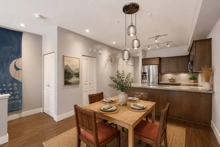 Open-concept kitchen featuring wood-finish cabinetry, stainless steel appliances, and light-toned countertops
