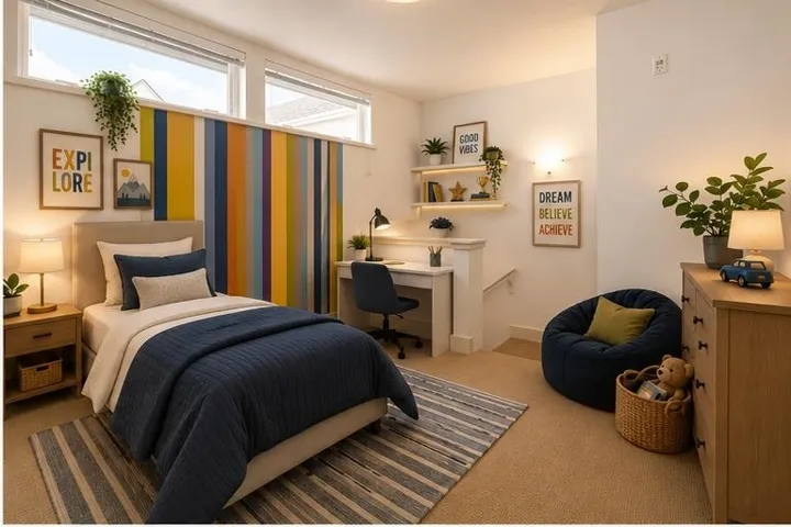 Bedroom featuring high transom windows, a built-in desk with shelving, and light-toned carpet flooring