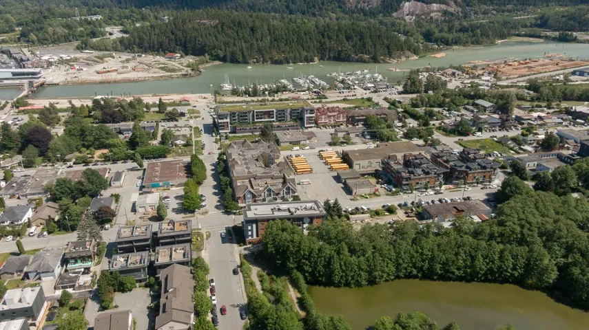 Expansive aerial view of a vibrant community featuring diverse architectural styles, a marina with numerous boats, lush forested areas, a large body of water, and surrounding mountainous terrain