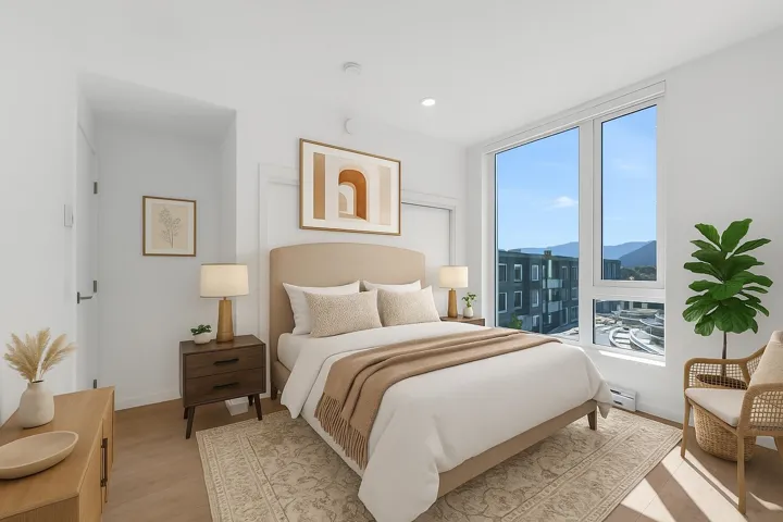 Empty room featuring a baseboard heating unit, light wood-style floors, a mountain view, and recessed lighting