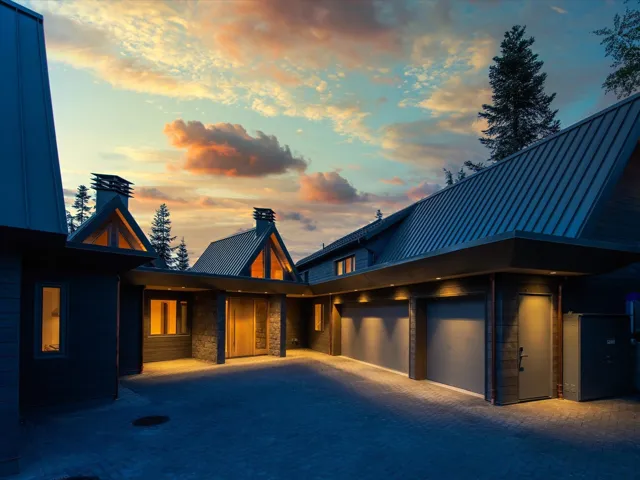 View of front facade featuring a chimney, a standing seam roof, a metal roof, and decorative driveway
