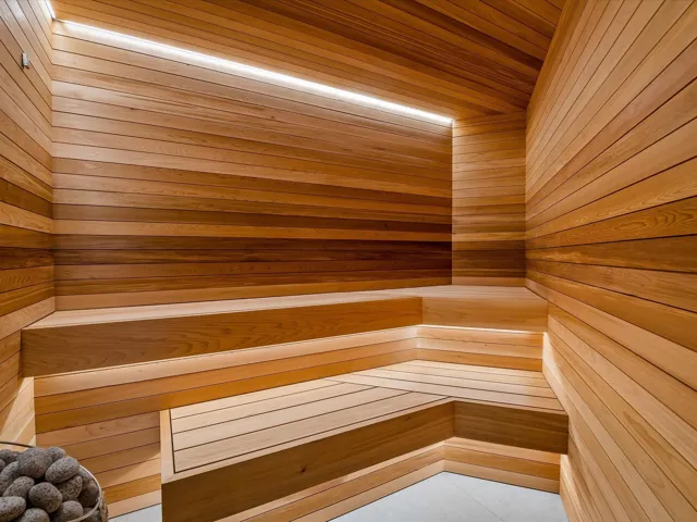 Relaxing sauna / steam room featuring wood walls and wooden ceiling