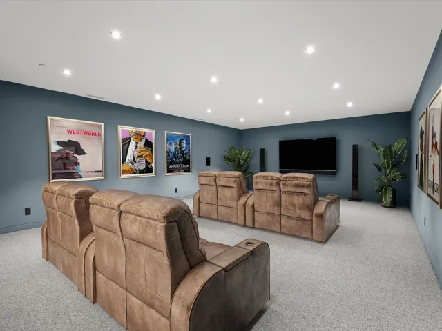 Home theater room featuring light carpet and recessed lighting