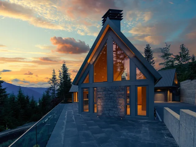 Back of house with stone siding, a metal roof, a mountain view, and a patio area