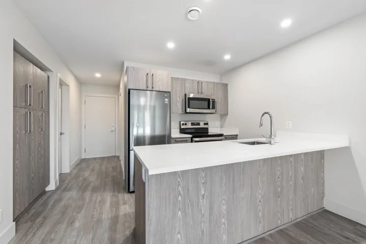 Kitchen featuring stainless steel appliances, a sink, a peninsula, wood finished floors, and baseboards