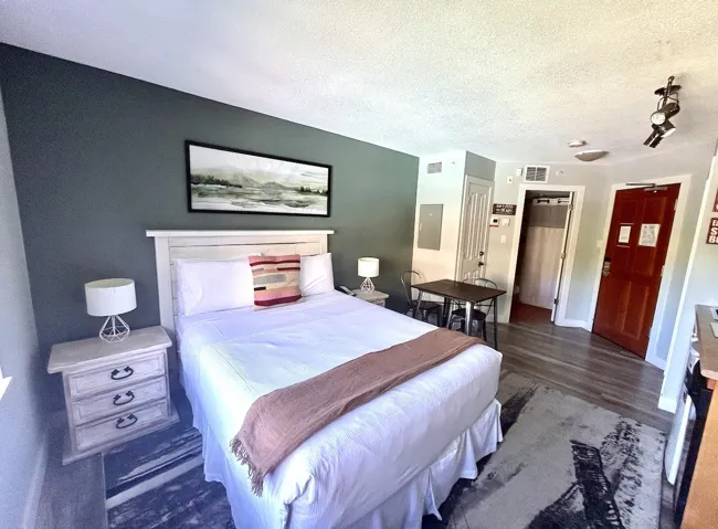 Bedroom featuring dark wood-style flooring, a textured ceiling, and electric panel
