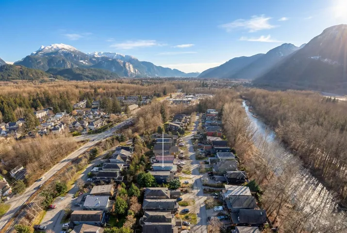 Aerial perspective showcasing a residential community nestled against a mountainous backdrop